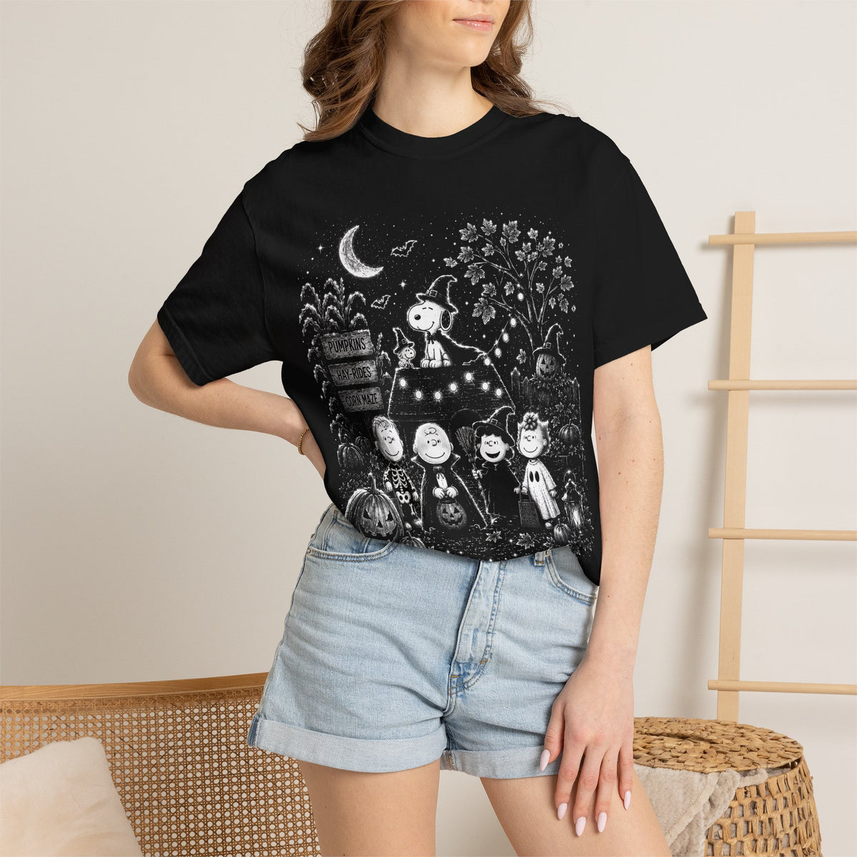 Halloween Character Night T-Shirt — Cute Spooky Peanuts-Style Illustration
