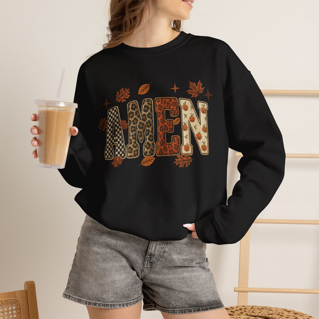 Amen Fall Crewneck Sweatshirt — Autumn Leaves Christian Graphic Pullover