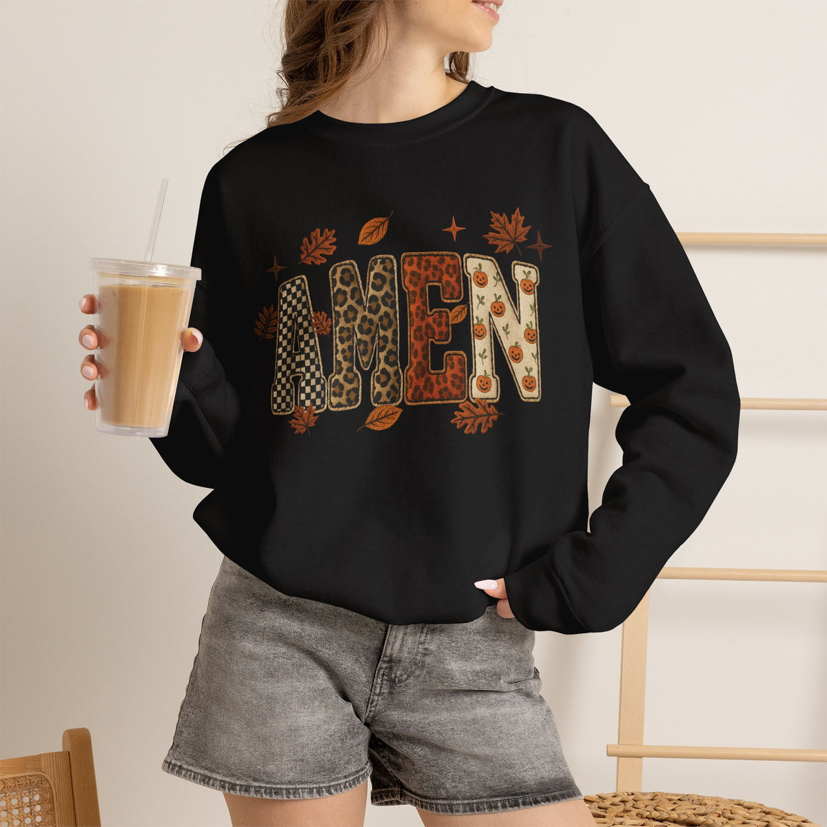 Amen Fall Crewneck Sweatshirt — Autumn Leaves Christian Graphic Pullover
