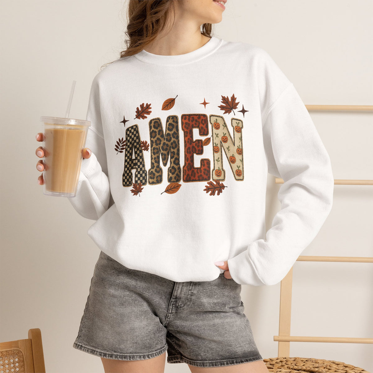 Amen Fall Crewneck Sweatshirt — Autumn Leaves Christian Graphic Pullover