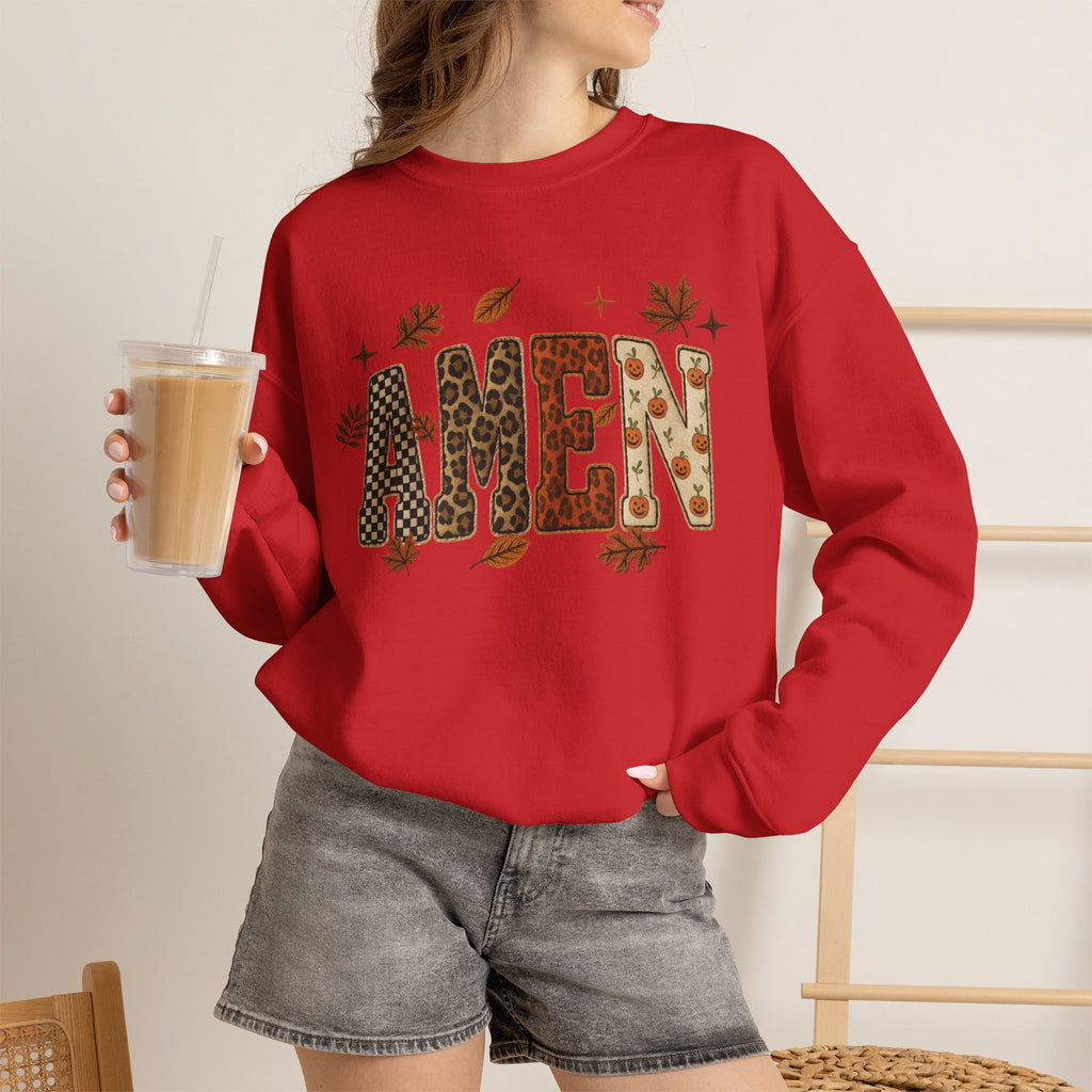 Amen Fall Crewneck Sweatshirt — Autumn Leaves Christian Graphic Pullover