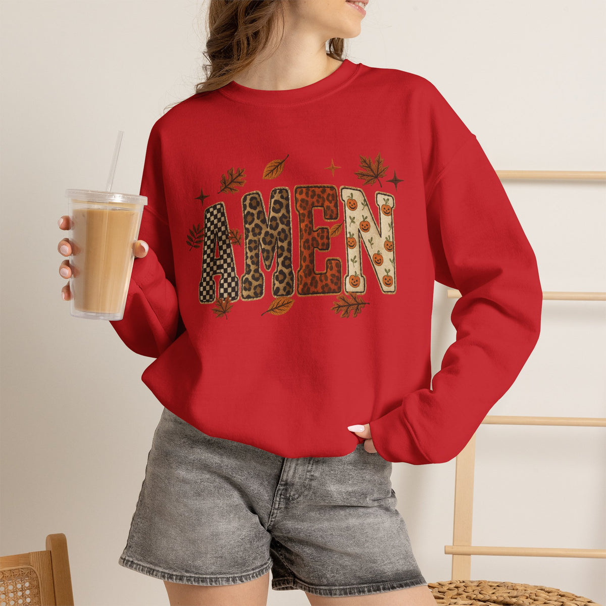 Amen Fall Crewneck Sweatshirt — Autumn Leaves Christian Graphic Pullover