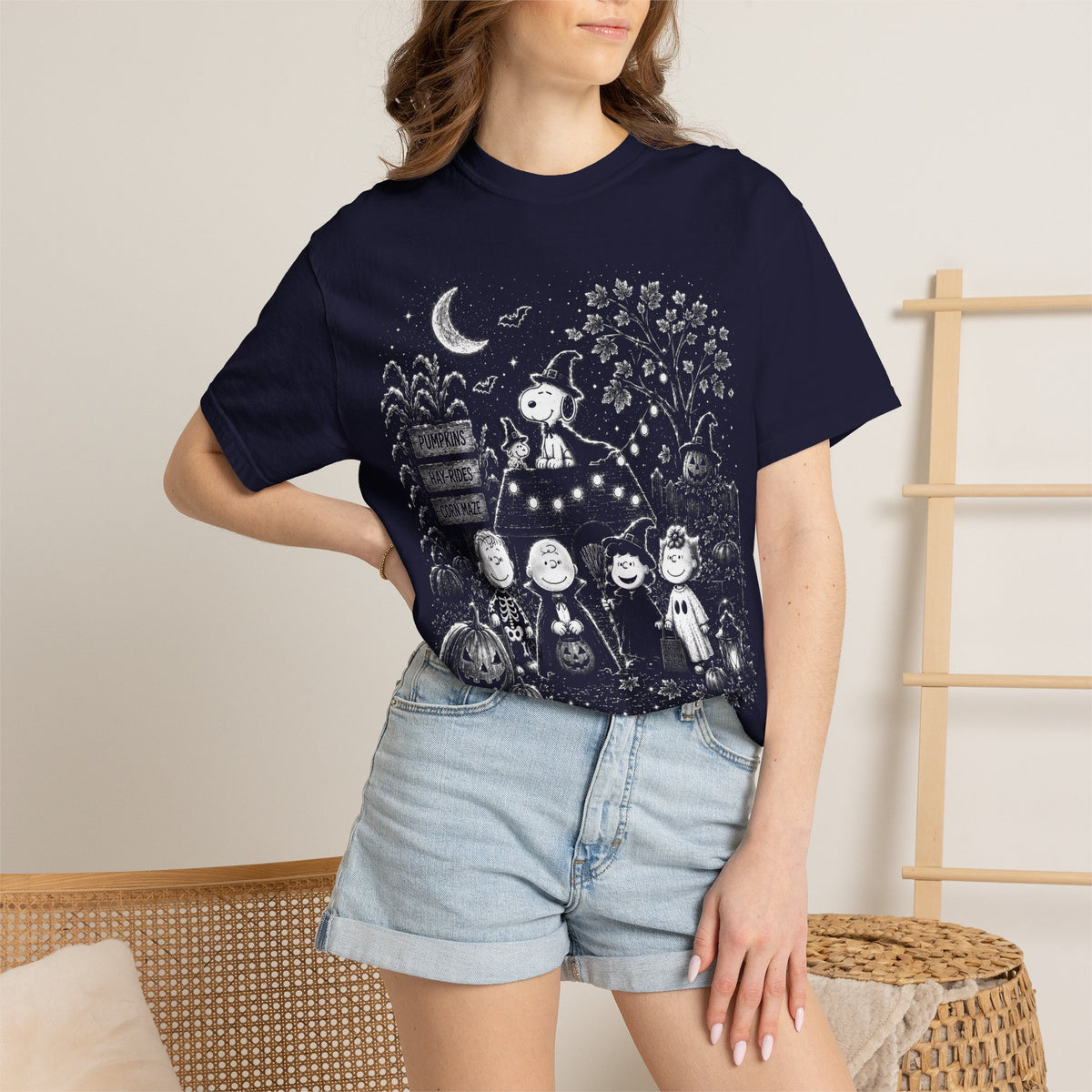 Halloween Character Night T-Shirt — Cute Spooky Peanuts-Style Illustration