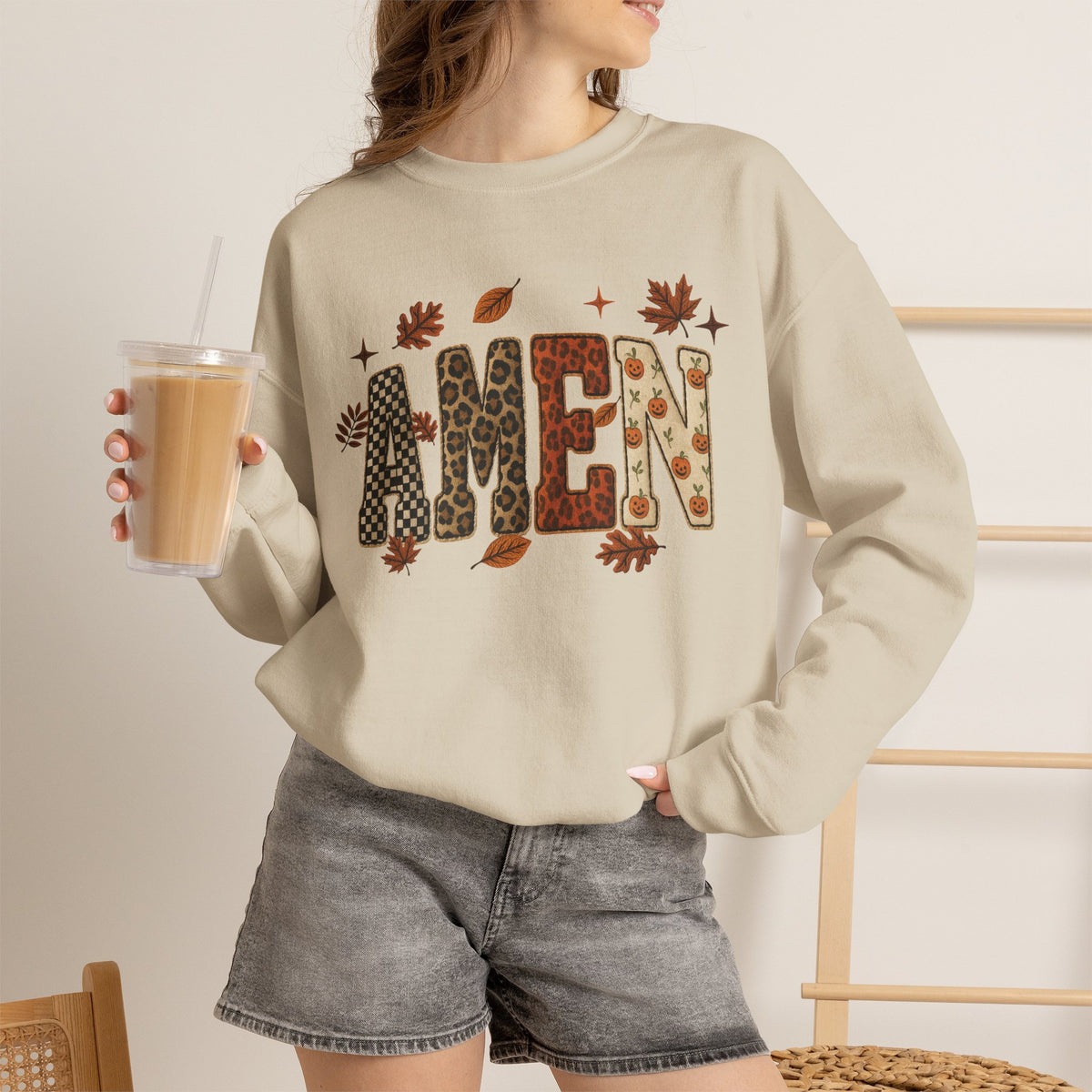 Amen Fall Crewneck Sweatshirt — Autumn Leaves Christian Graphic Pullover